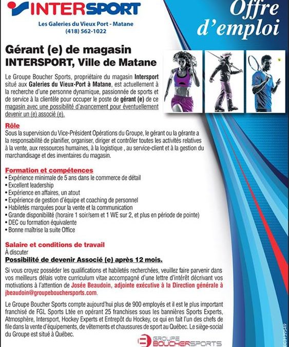 Intersport de Matane a un poste à combler !…