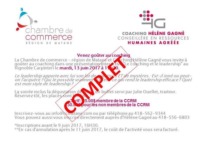 L&rsquo;activité organisée en collaboration avec Coaching Hélène Gagné – CRHA affiche …