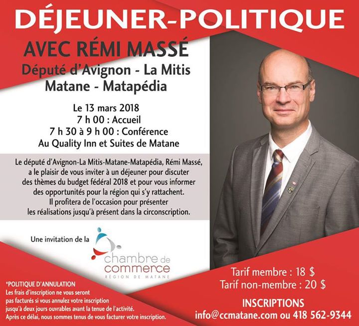 Déjeuner-politique avec Monsieur  Rémi Massé le 13 mars prochain. Une présentati…